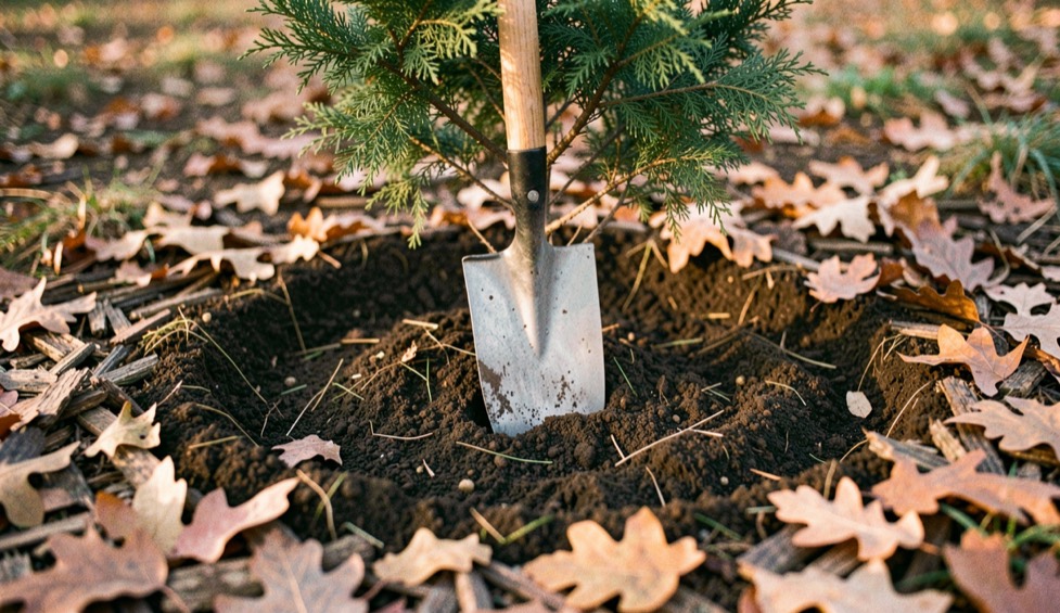 A garden spade pushed straight down into freshly loosened dark soil at the base of a young conifer, fallen oak leaves and bark mulch around it, low autumn side light