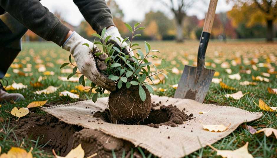 Gloved hands easing a freshly dug deciduous shrub with an intact soil ball onto a square of burlap beside its planting hole on an autumn lawn, spade upright in the loose soil, yellow leaves scattered, soft overcast light