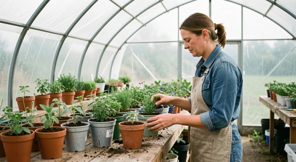A wooden farm stand table at the edge of a gravel lot in mid-morning light, half-filled crates of tomatoes and a hand-lettered price card, shot from a few steps back at eye level with the field visible behind it.