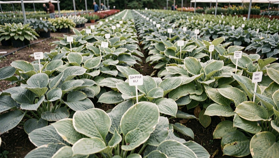 A small raised garden bed with rows of dye plants beside hanging skeins of dyed wool in yellow and rust tones drying on a line
